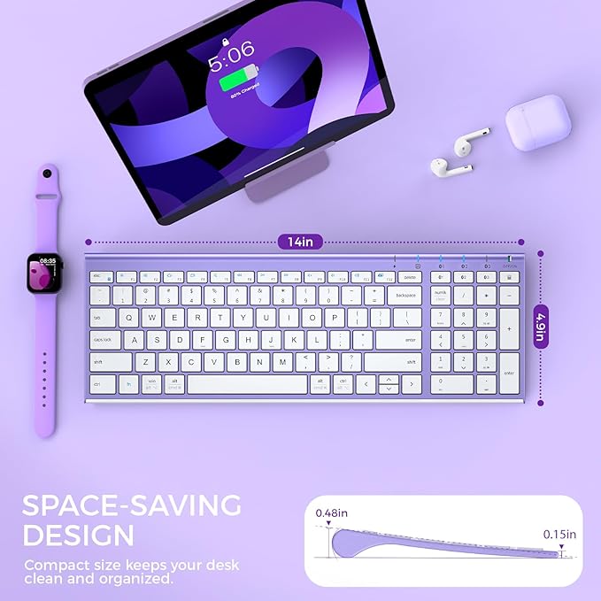 iClever BK10 Bluetooth Keyboard Quiet Typing Multi-Device USB-C Rechargeable – Slim Wireless Keyboard for Mac Windows iPad Office