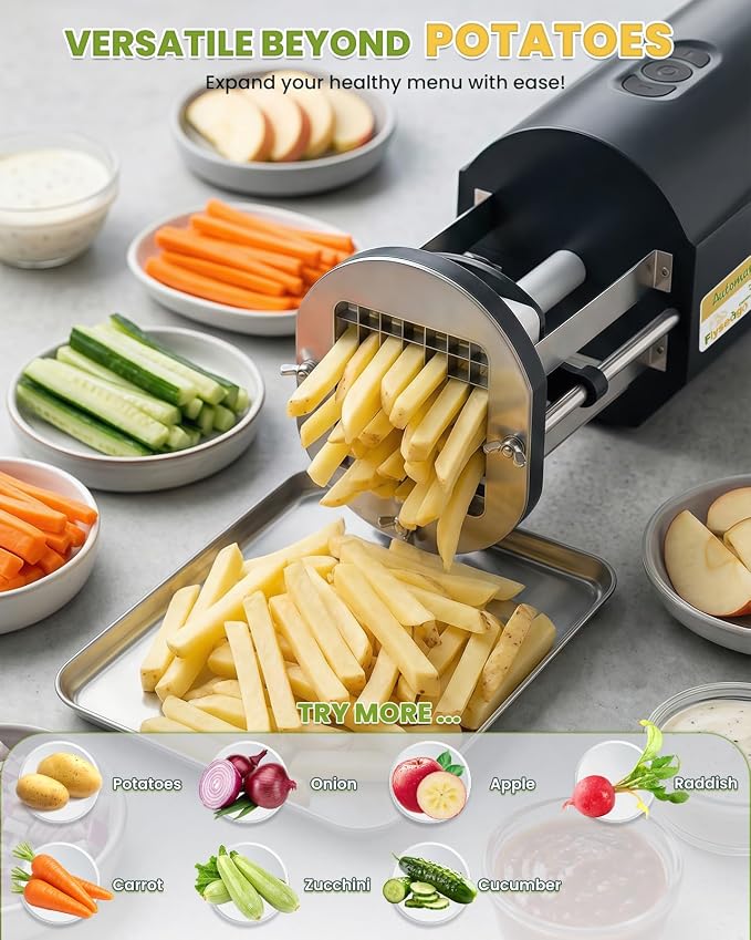 Electric French Fry Cutter with 1/2&3/8 Inch Stainless Steel Blades Professional Potato Cutter's Custom Tray, Automatic Efficient Vegetable Dicer for Carrots, Zucchini, Apples&Onions (Black)