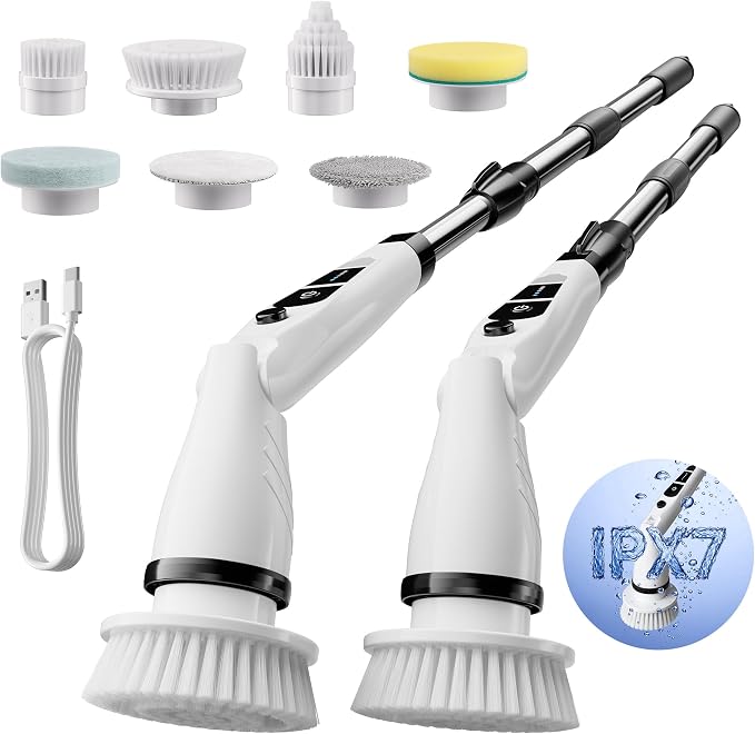 JOYMOOP Electric Spin Scrubber, Cordless Cleaning Brush 450 RPM with 100-Min Runtime, IPX7 Waterproof Power Scrubber with 8 Brush Heads, Adjustable Long Handle for Bathroom, Floor, Tile, Kitchen