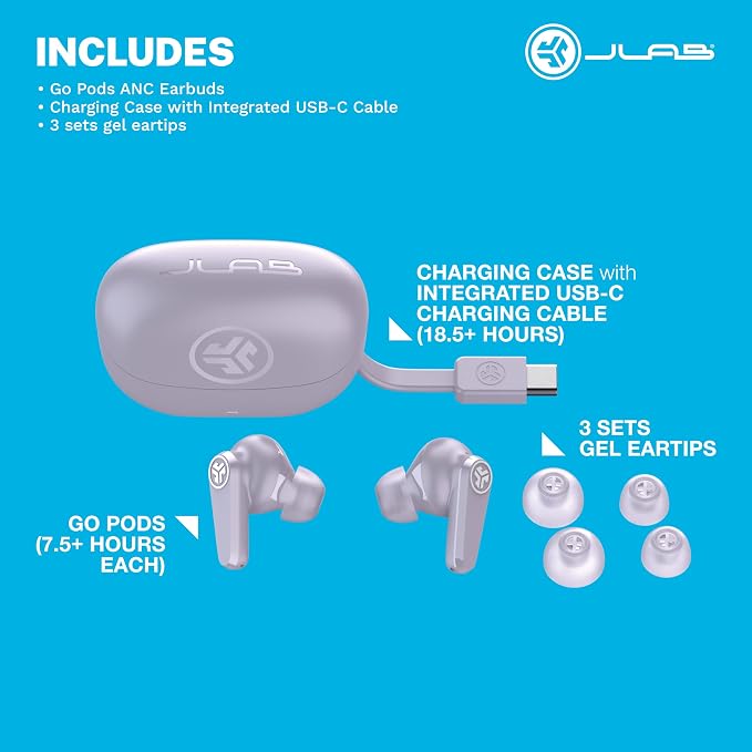 JLab, Go Pods ANC, True Wireless Earbuds, Active Noise Cancelling Bluetooth Earbuds, Lilac