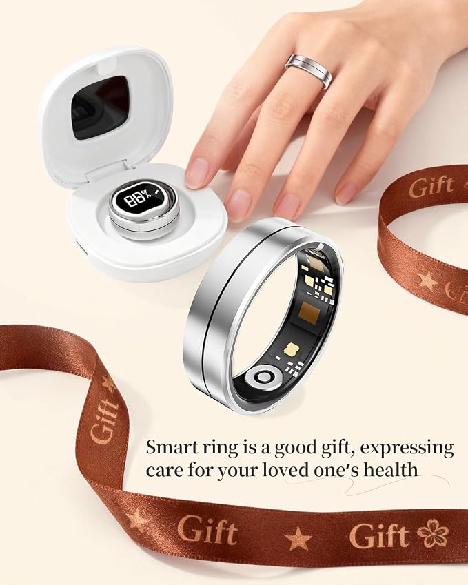 Fvtga Smart Ring for Women Men, Health Tracker with Digital Charging Case, 24/7 Heart Rate SpO2 Sleep Stress Monitoring, IP68 Waterproof Fitness Ring, No Subscription Fee, iOS Android(Silver, 9)