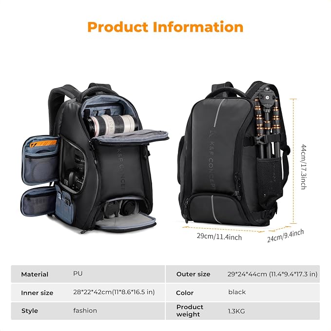 K&F CONCEPT Camera Backpack,25L Large Capacity Camera Bag for Photographers with Raincover and 15.6 Inch Laptop Compartment Compatible for Canon/Nikon/Sony/DJI Mavic Drone