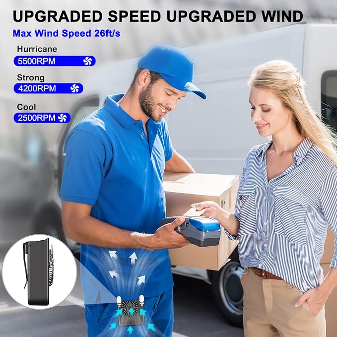 Waist Fan Clip on for Men, Mighty Powerful 3 Speeds Portable Rechargeable 8000mAh Battery Operated Body Cooling Shirt Belt Neck Fan, Gift for Hiking, Fishing, Working, Blue-collar
