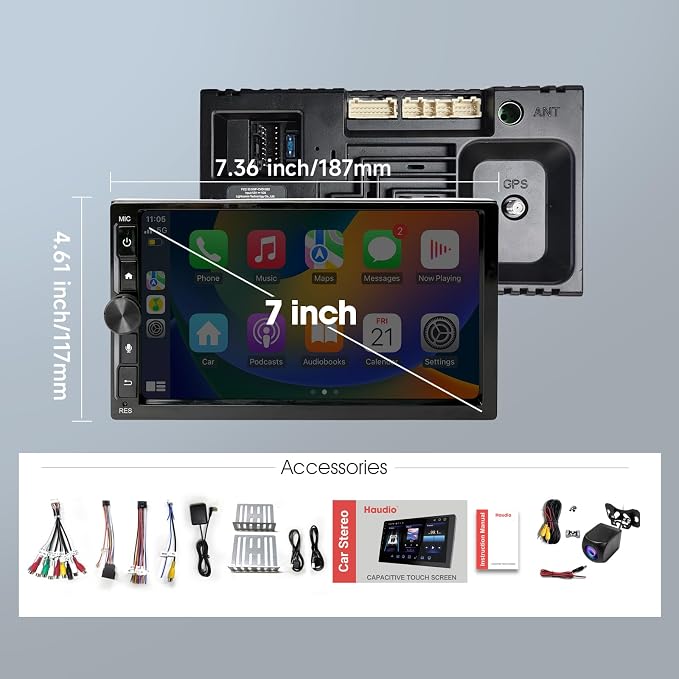 Haudio 7 Inch Double din Car Stereo,Support Wireless CarPlay and Android Auto,with 1080P Rear Camera,Mirror Link|Bluetooth|Music Play|AUX|FM/AM|SWC|Double din Car Radio (2+32GB)