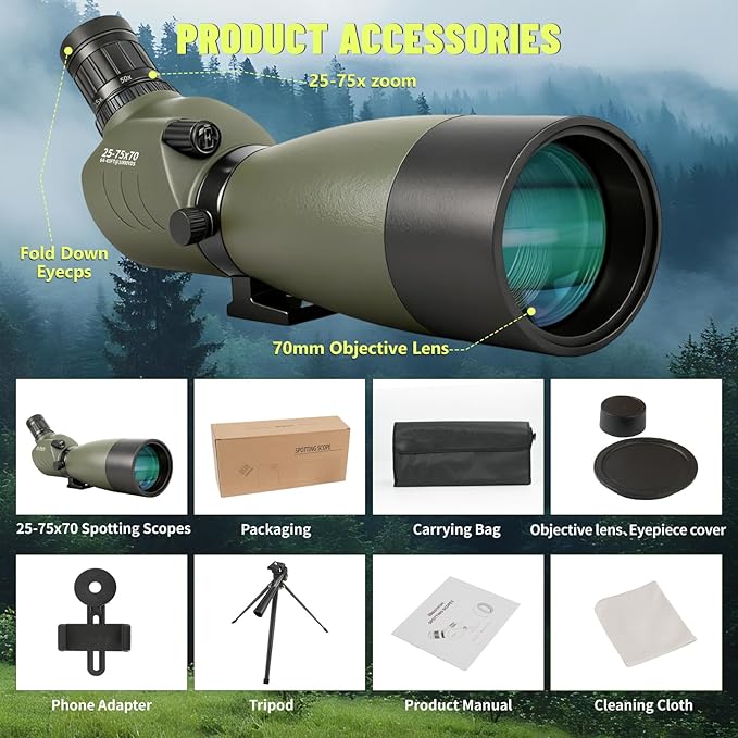 Spotting Scopes 25-75x70 Zoom HD BAK4 Prism Waterproof Fogproof Spotting Scope with Tripod for Target Shooting Bird Watching Hunting Wildlife Outdoor
