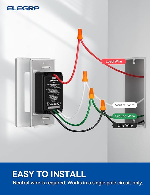 ELEGRP Single Pole Smart Dimmer Light Switch DPR10, 2.4GHz Wi-Fi Dimmer Switch Compatible with Alexa and Google Assistant, Needs Neutral Wire, No Hub Required, UL Listed, Matte White, 10 Pack