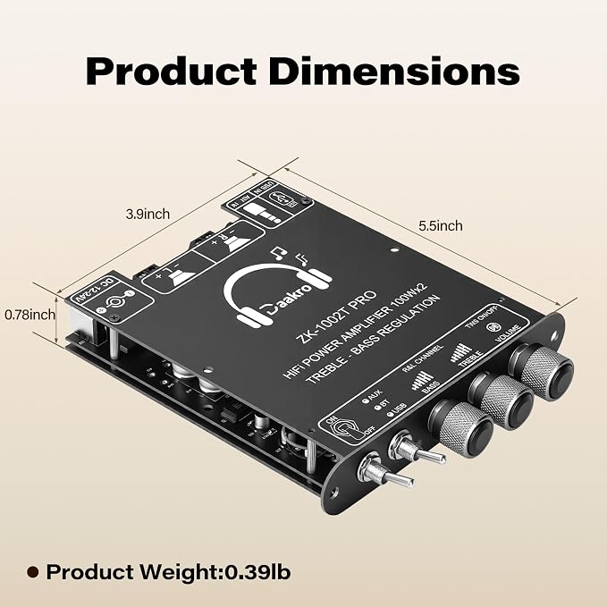 Daakro ZK-1002T PRO 2.0 Channel Bluetooth 5.3 Amplifier Board 200W HiFi Audio AMP with Treble and Bass, TWS,BT USB and AUX Inputs, DC 12-24V 2.0 Channel Stereo AMP Module for DIY Speakers