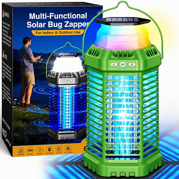 Solar Bug Zapper Outdoor, Rechargeable Mosquito & Fly Zapper with Auto Dusk-to-Dawn Sensor, 6000mAh Long-Lasting, Foldable Light, Solar & USB Powered Bug Zapper for Patio, Backyard, Camping & Indoor