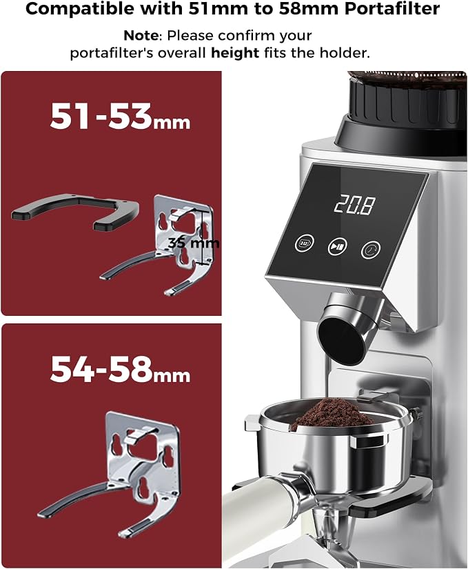 Tuni G1 Conical Burr Coffee Grinder, 48 Grind Settings Anti-static Burr Mill, Precision Electronic Timer and LED Touchscreen for Espresso/Drip/Cold Brew/French Press, Stainless Steel, Silver