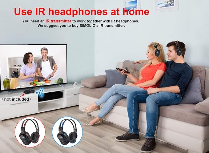 SIMOLIO 2 Pack IR Wireless Headphones for in Car TV Video Audio Listening, Not Bluetooth, 2 Channel Car DVD Headphones for Kids, Universal Infrared Headsets for Headrest Video System, AUX Cord