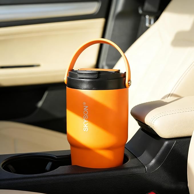 minkah Fast Extraction Mini Electric Coffee Maker - Portable Filter Coffee Brewer for Travel,Insulated Stainless Steel Tumbler,30 oz Reusable Iced Coffee Cup Machine,Hot Coffee Mug with Lid (Orange)