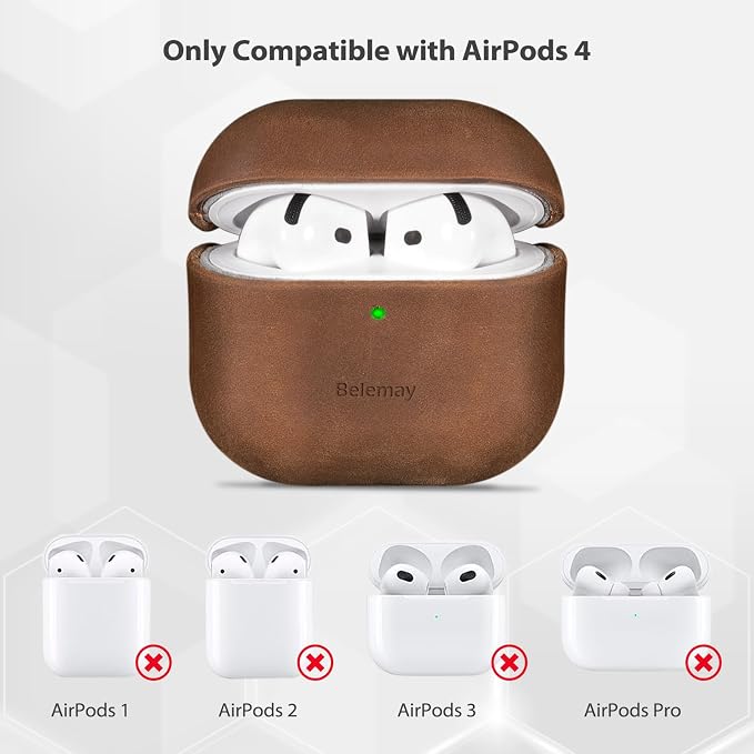 Belemay Handcrafted Crazy Horse Leather Case for AirPods 4 (2024), Vintage Aesthetic, Two-Tone Effect, Unique Patina, Compatible with MagSafe, Compatible with Airpods 4th Gen, Rustic Brown