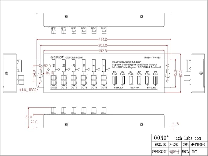 40Amp DC Power Splitter Distribution Module, 5 Power Pole Ports and 6 USB Ports Output