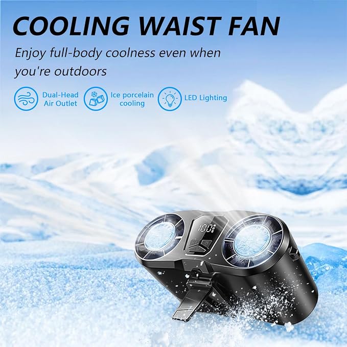 Portable Waist Fan with 10 Speeds, 10000mAh Battery,With lighting function, used as a neck fan, a desktop fan, and a hanging portable fan,With a cooling system for ice compress