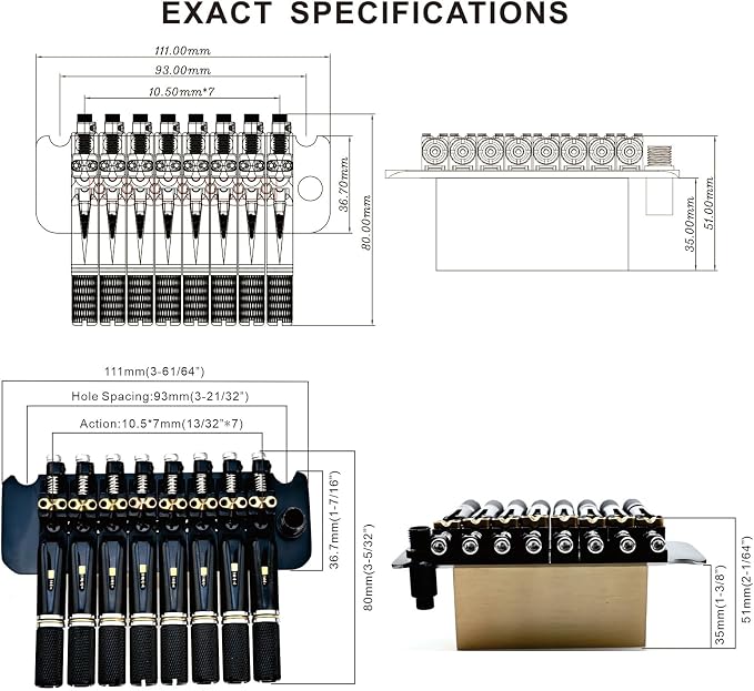10.5mm 8-String Headless Electric Guitar Bridge, 2 point tremolo bridge - Brass Block Saddle Hardened Steel Plate,Fit for 8 String Headless Electric Guitar Replacement parts(All Black)
