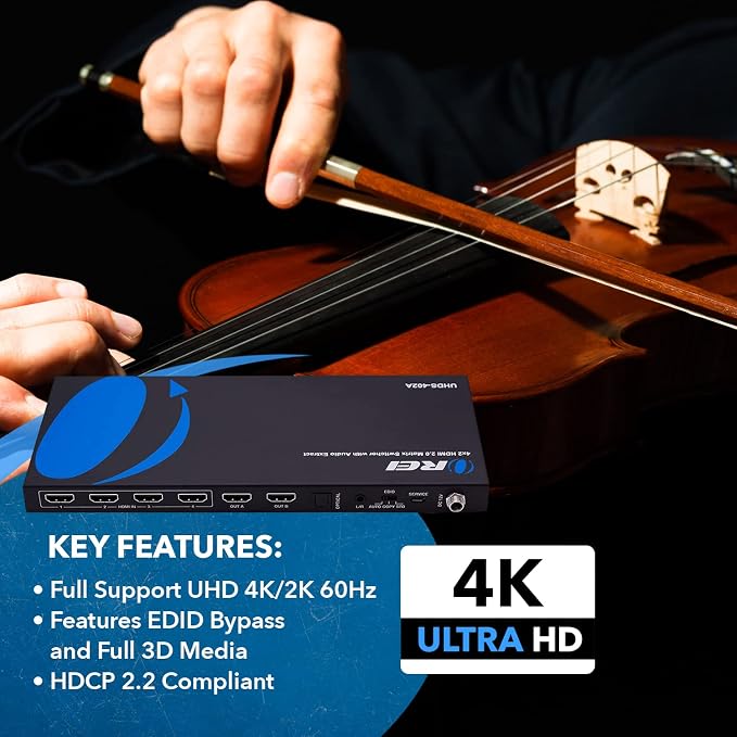 OREI 4K@60Hz 4×2 HDMI 2.0 Matrix with Audio Extraction, HDCP 2.2/1.4, HDR (Dolby Vision / HDR10+ / HLG), ARC, EDID, 4K-to-1080p Downscaling, Optical & Analog Audio Out, IR Remote (UHDS-402A)