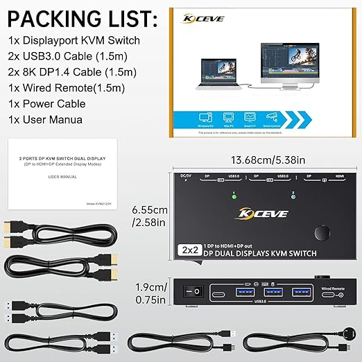Displayport KVM Switch 2 Monitors 2 Computers 4K@60Hz,Camgeet USB3.0 Dual Monitor KVM Switches Displayport with 4 USB 3.0 Port for USB Device,Wired Remote and 2 Cable Included