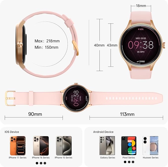 Woneligo Smart Watch for Women,1.57inch AMOLED Touchscreen Fitness Watch for iPhone & Android,Heart Rate/Sp02/Sleep Monitor,110+ Sport Modes IP68 Waterproof Bluetooth Calls,2 Bands (Pink, 1.57)