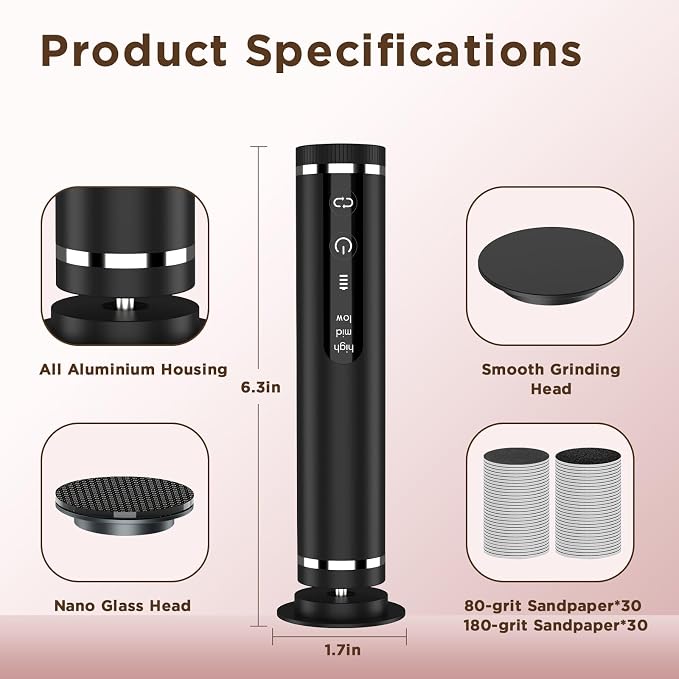Electric Foot Callus Remover with Nano-Glass Head & 60Pcs Sandpaper Discs, 4 Hours Run Time, Electric Callus Remover for Feet with 3 Adjustable Speeds, Pedicure Tools for Dry Dead Skin Cracked Heels