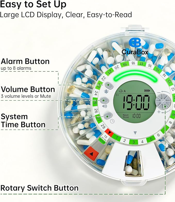 28-Day Automatic Pill Dispenser with Alarm & Light Alerts, Clear LCD Display, Key Lock, Smart Medication Organizer for Seniors, Alzheimer’s Care, for Multiple Vitamins, Supplements or Prescriptions