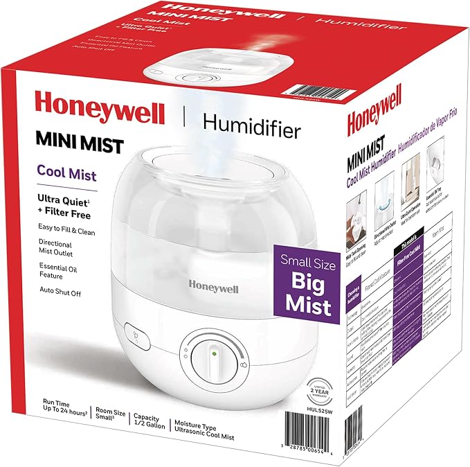 Honeywell Mini Cool Mist humidifier, Easy to Fill and Clean, humidifier for small Bedroom, Kids Rooms, or office. Ultra Quiet Operation and Auto Shut-Off - White, HUL525W