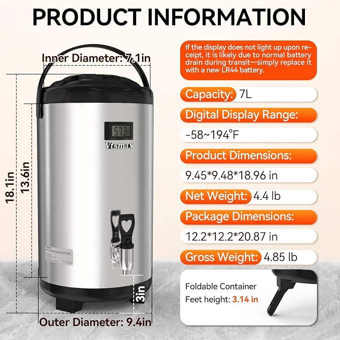 Commercial Insulated Beverage Dispenser with Stand, 2 Gallon Hot Water Dispenser, Hot & Cold Drink Dispenser Temperature Display, for Tea,Coffee(Silver)