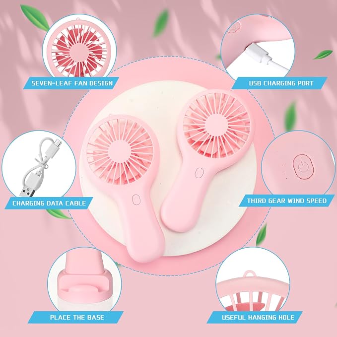 Woanger 12 Pcs Mini Handheld Fan Bulk 3 Speed USB Electric Battery Operated Small Portable Pocket Fan with Data Cable and Mounting Base Quiet Summer Gift for Wedding Camping Travel(Pink)