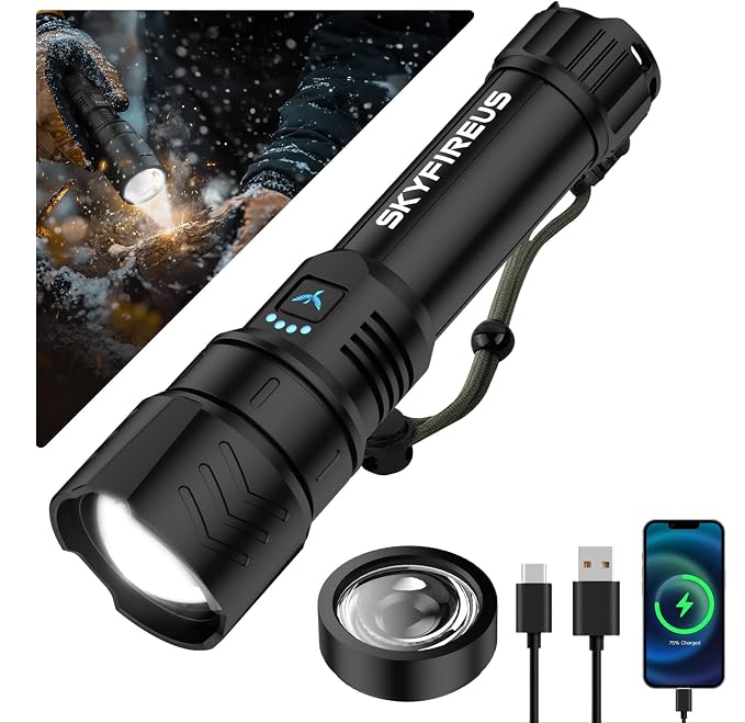 SKYFIRE Flashlight with Ignition Lens,5000mAh Rechargeable Flashlights High Lumens Super Bright Waterproof Powerful LED Tactical Flash Light for Camping Essentials Outdoor Home&Gifts
