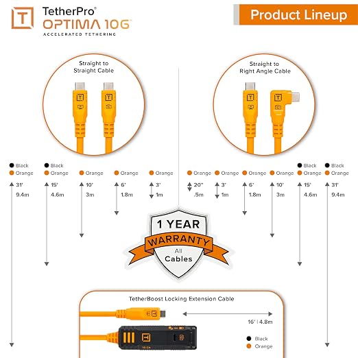 Tether Tools TetherPro Optima 10G USB-C to USB-C Data Transfer Cable, 20″ Straight to Right-Angle “Pigtail” Adapter, High Visibility Orange – Tethering Cable for Photographers & Digital Techs