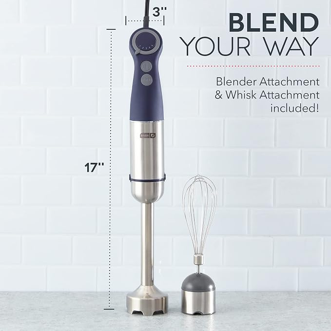 Dash Chef Series Immersion Hand Blender, 5 Speed, 330W Handheld Stick Blender with Whisk Attachment, Stainless Steel Blades for Soups, Sauces, Smoothies & Purées - Midnight