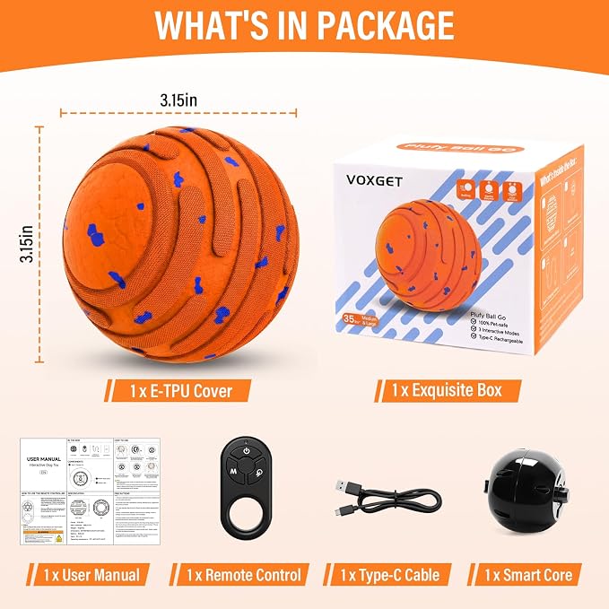 Smart Interactive Dog Toy Ball, Automatic 3 Modes Moving Ball with Remote Control for Medium Large Dogs, Rechargeable Waterproof E-TPU Bouncing & Rotating Toy to Keep Busy (Bright Orange)