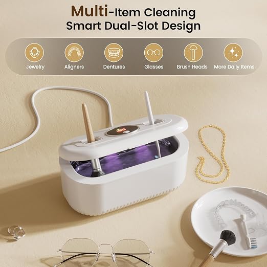 48Khz Ultrasonic Jewelry Cleaner, 30W Ultrasonic Cleaner with 2 UV Lights and Dual Brush Ports, 3 Modes Jewelry Cleaner Ultrasonic Machine with Digital Timer, 12OZ Pod for Eyeglasses, Rings, Retainer