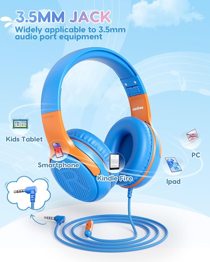 awatrue Kids Headphones Wired - Toddler Headphones with Microphone, Over-Ear Headphones, 85/94dB Volume-Limiting, 3.5mm Jack, Foldable On-Ear Design - Safe & Comfortable for Learning & Entertainment