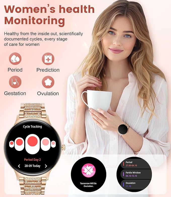 LIGE Ultra-Thin Smart Watch for Women,1.43" Always-on Display Smart Watch with Bluetooth Call,Health Tracker 100+ Sports Modes, Mutifuction Women Smartwatch for Android iOS 2 Straps(Gold)