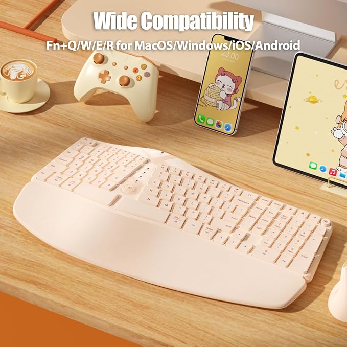 Bow Split Ergonomic Keyboard Wireless with Cushioned Wrist & Palm Rest, Wireless 2.4G/Bluetooth/Wired USB-C, Comfortable Natural Typing, Compatible with Windows/Mac/PC/Laptop, Milk Tea
