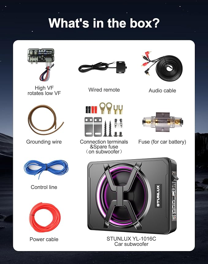 10 Inch 800W Under Seat Car Subwoofer,Full Cast Aluminum Under Seat Powered Subwoofer,Built-in Amp & APP LED Light Control,12V Universal Vehicle Subwoofer Full Installation Kit with Gift Box