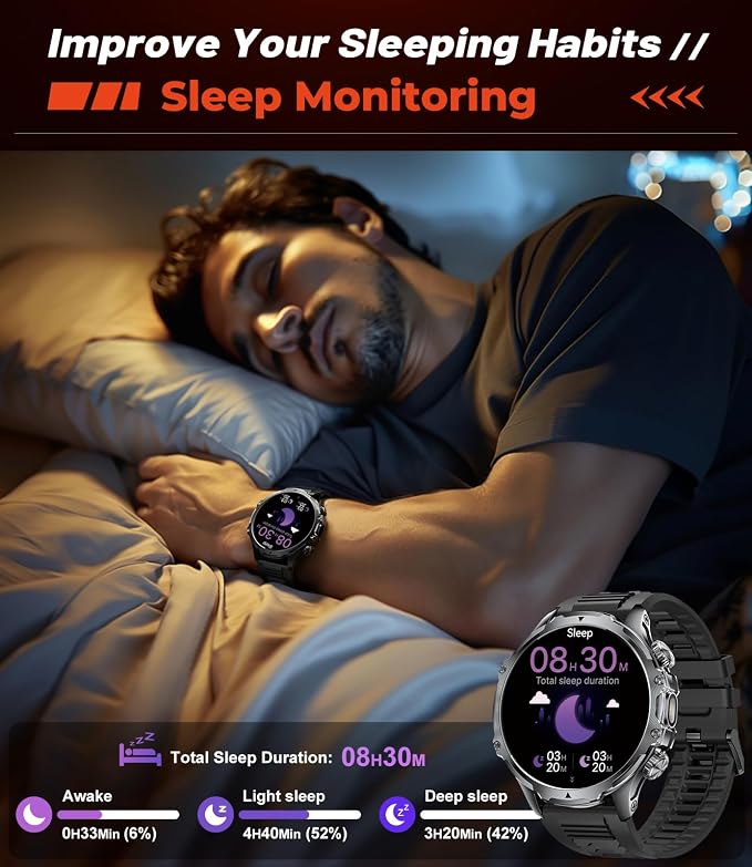 SUNKTA Military Smart Watch for Men Answer/Make Call, 1.85'' HD Rugged Smartwatch with 800mAh Battery/Flashlight/Heart Rate/110+ Sports Mode, IP68 Waterproof Fitness Tracker Watch for Android iPhone