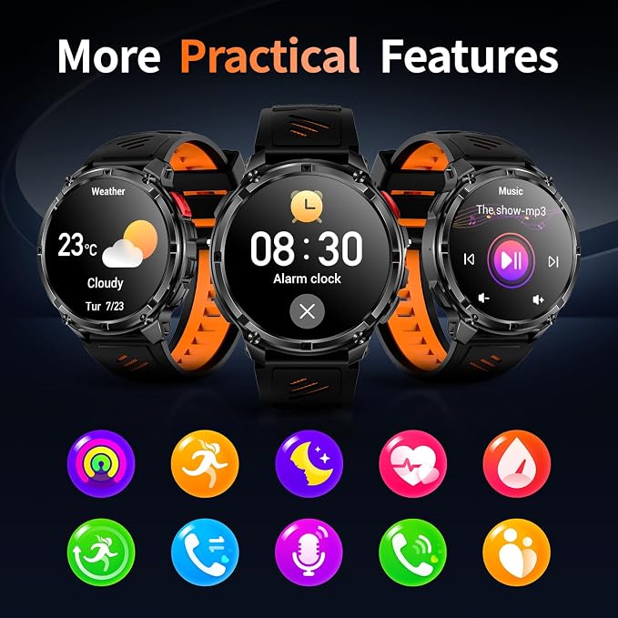 Military Smartwatch for Men with Compass & Flashlight, Rugged Smart Watch with Bluetooth Calling, Outdoor Fitness Tracker with Heart Rate Sleep Monitor, 100+ Sport Modes Waterproof for Android iPhone