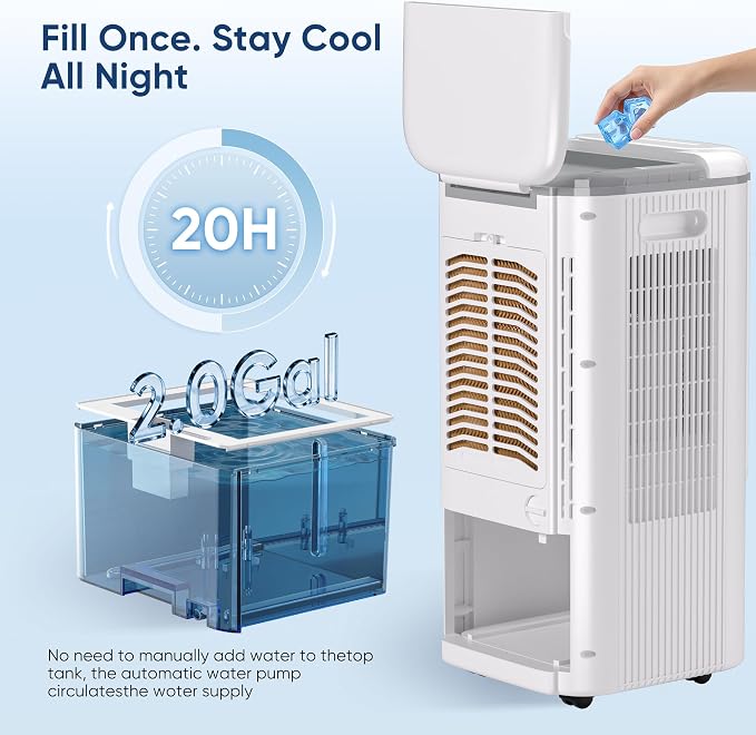 Portable Air Conditioners Fan, Windowless Evaporative Air Cooler 3 Modes & 3 Speeds, 12H Timer for Smart Auto-off, 2-Gals Tank for 20H Cooling,16FT Remote,No Hose Needed,38db Swamp Cooler