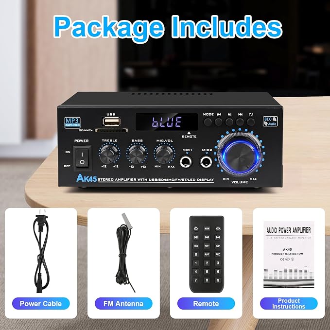 Stereo Audio Amplifier 2025 Upgraded AK45 Bluetooth Receiver for Home Stereo, 400W 2 Channel Wireless Bluetooth 5.0 Power Amplifier System with FM Radio, USB, SD Card, and Remote Control