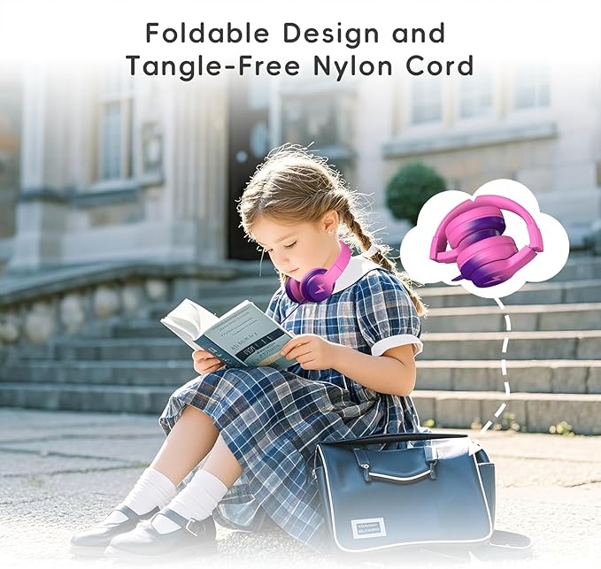 Candy Bila Kids Headphones, Wired Headphones for Kids Over Ear with Microphone, 85/94dB Volume Headphone for Girls Boys, Foldable Headphone for Learning & Entertainment, Deep Purple and Pink