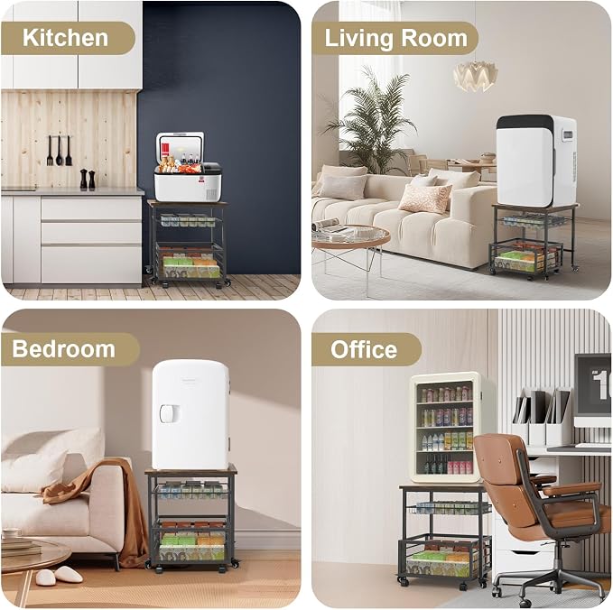 Mini Fridge Stand with Storage, 260LBS Heavy Duty Compact Refrigerator Shelf, 19.7 * 19.7" Movable Mini Fridge Table, Coffee Bar with Lockable Wheels for Kitchen, Home, Office or Dorm