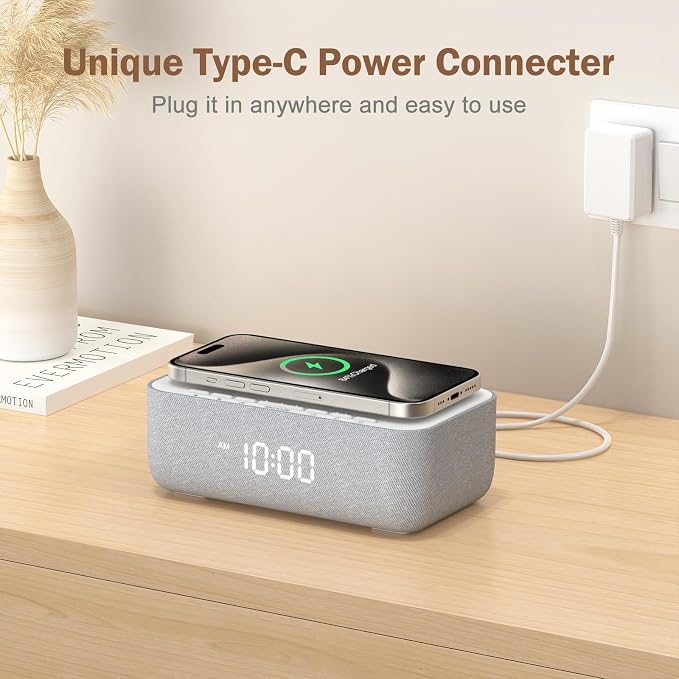REACHER 15W Fast Wireless Charging Alarm Clock with White Noise Machine ā 20 High-Fidelity Sleep Sounds ā Gradual Wake & Unlimited Snooze ā 0ā100% Dimmable Digital Clock for Bedroom & Office
