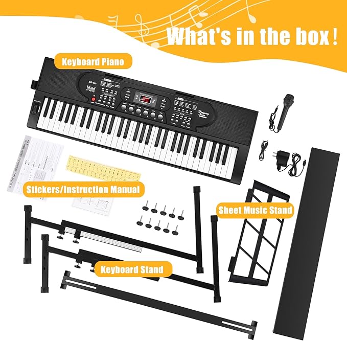61 Key Keyboard Piano with Stand, Portable Electric Piano Keyboard Kit for Beginners with Stand, Microphone,Note Stickers, Music Rest, Digital Music Keyboard Built-In Speakers