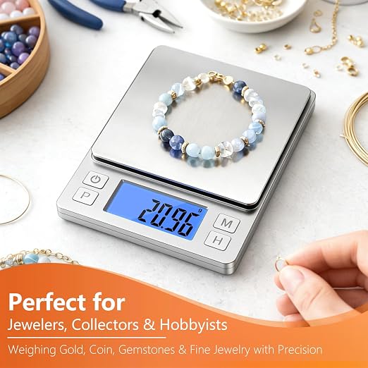 BOMATA 0.01g High Precision Jewelry Scale, 1000g Digital Gram Scale with Hold, Tare & Counting Function, Small & Portable Design for Gold, Bullion, Coins, Gemstones & Crafts, Sliver