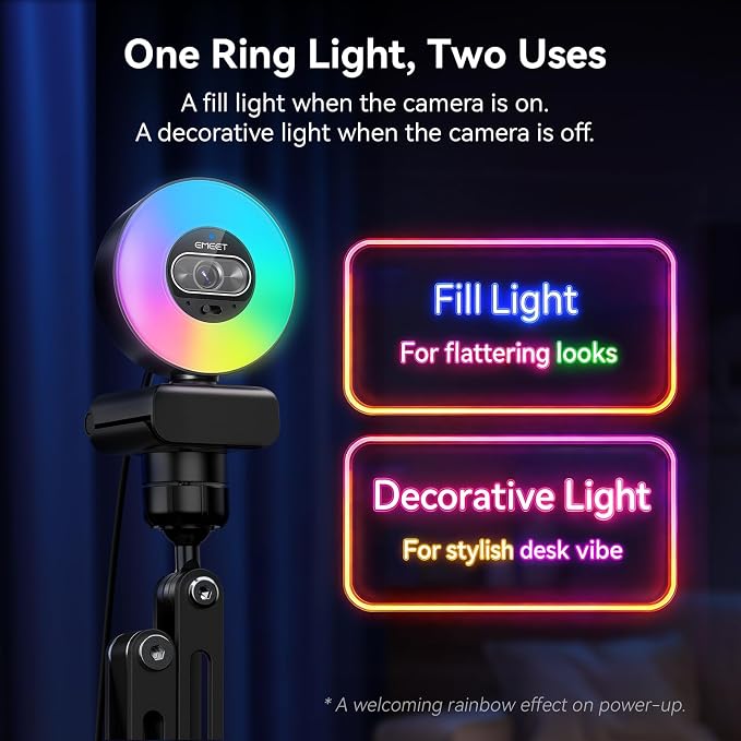 EMEET S600L 4K Webcam with Adjustable Desktop Overhead Stand, 4 Lighting Modes, Rainbow Effect, 1/2" Sensor, 0.2S PDAF, 2 Mics, Dial Control, 4K Webcam with Tripod for OBS/Twitch/YouTube/Zoom/PC/Mac