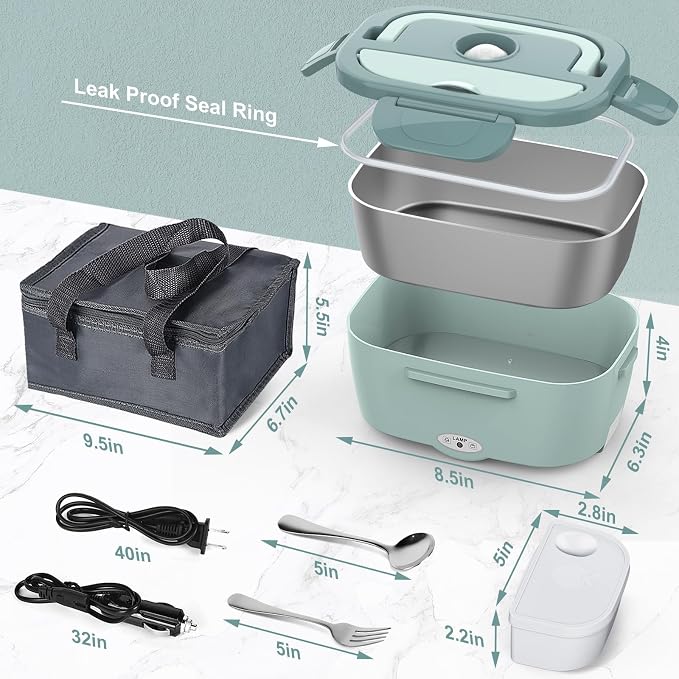 WisaKey Electric Lunch Box Food Heater, 80W Heated Lunch Box for Adults, 12V 24V 110V Portable Food Warmer LunchBox for Car Truck Work with Container, Carry Bag Gifts Fathers Day for Dad Husband Men
