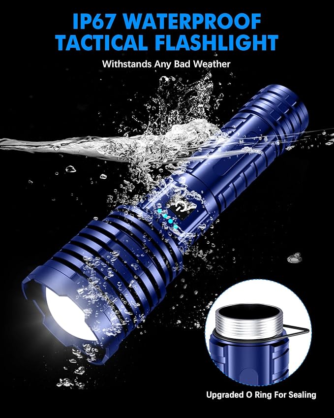 Super Bright Rechargeable LED Flashlights, 2500,000 True High Lumens, Powerful Tactical Flashlight Up to 25H Long Battery Life |Zoomable|5Light Modes|IP67 Water Resistant for Camping (Blue)