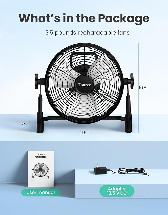 10" Portable Battery Operated Floor Fan, Cordless Rechargeable Fan, Hi-Velocity Wireless Fan, USB Phone Charge, 12-60H Runtime, Quiet, For Camping Tent Home Gym Shed Outdoor Garage Barn Travel