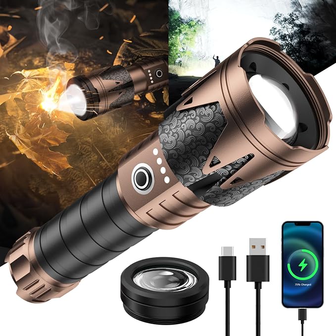 SKYFIRE Rechargeable Flashlight with Ignition Lens,5000 Super Bright Tactical Flashlights High Lumens Zoomable,6Modes,Waterproof LED Flash Light for Camping Essentials Outdoor&Home Emergency-Upgraded